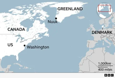 A map of Greenland in relation to Denmark and the US.