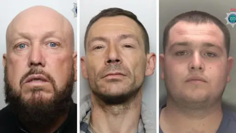 Staffordshire Police Three mugshots in a row - left, a bald man with a dark brown beard; middle, a man with short dark hair and stubble in a grey top and right, a man with short dark hair in a light blue top and with stubble.