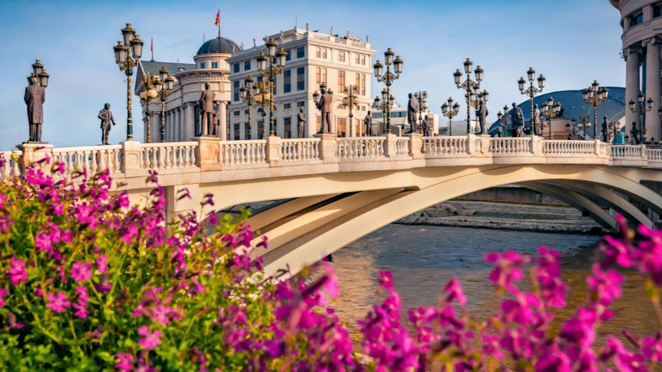 Blooming violet flowers on the shore of Vardar river. Splendid spring cityscape of capital of North Macedonia - Skopje with Archaeological Museum. Colorful view of Art Bridge.
