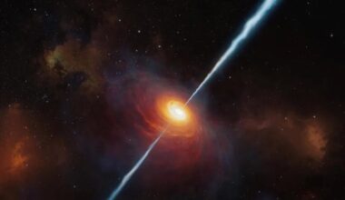 Artist’s impression of a distant quasar and relativistic jets emanating from its poles. Credit: ESO/M. Kornmesser