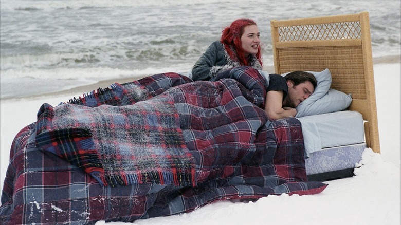 Joel Barish and Clementine Kruczynski lying in bed on a beach in 