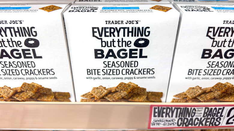 Boxes of Trader Joe's Everything but the Bagel Seasoned Bite-Size Crackers on store shelf