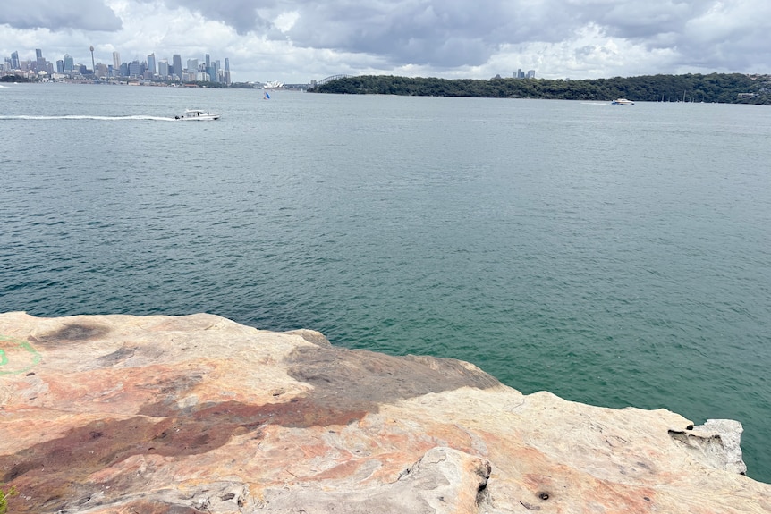 A large flat rock high above the water of Sydney harbour with the bridge and city seen in the distance.