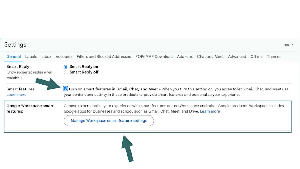 Email settings page showing options for smart features in Gmail, Chat, and Meet, and Google Workspace smart feature controls