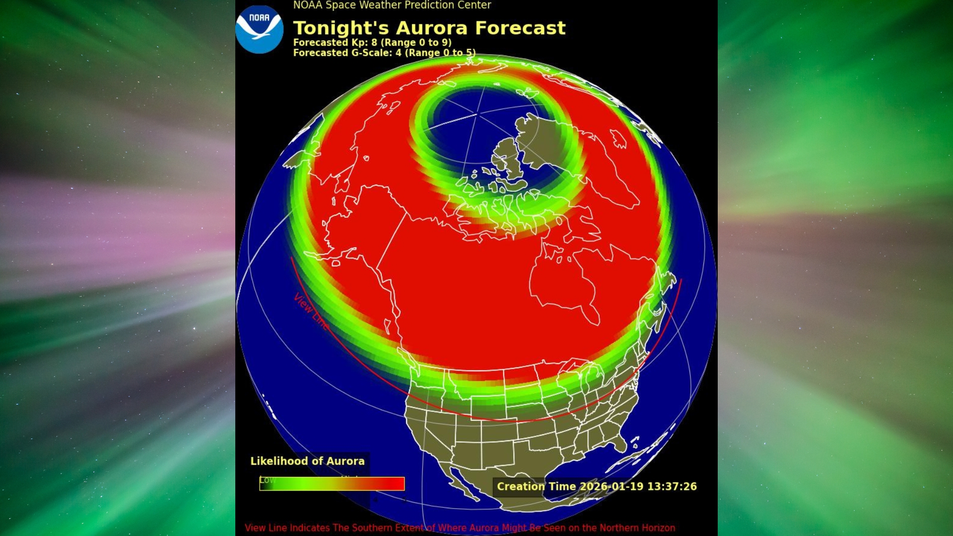 a map showing the aurora view line across the united states for tonight.