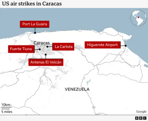 Map showing locations of US air strikes in Venezuela: Generalissimo Francisco de Miranda Air Base, an airfield known as La Carlota, Fuerte Tiuna, a key military facility in Caracas, Port La Guaira, Caracas' main conduit to the Caribbean Sea, located in Miranda state, Higuerote Airport, also located in Miranda state, just east of Caracas Antenas and El Volcan, a telecomms towers on Cerro El Volcan, a high peak in Miranda state.