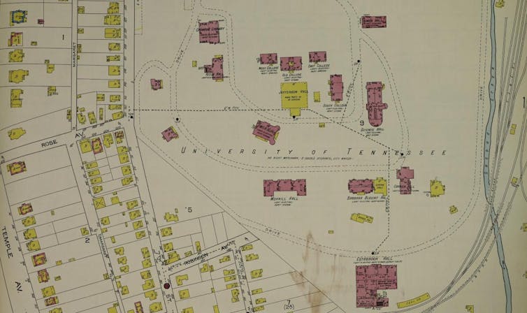 Close-up of a map of various buildings spread-out on white space
