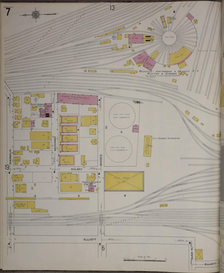 Close-up of a map of various buildings spread-out on white space