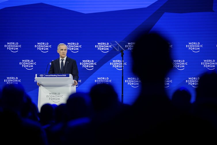 Canadian prime minister, Mark Carney, on the podium at the World Economic FOrum in Davos.