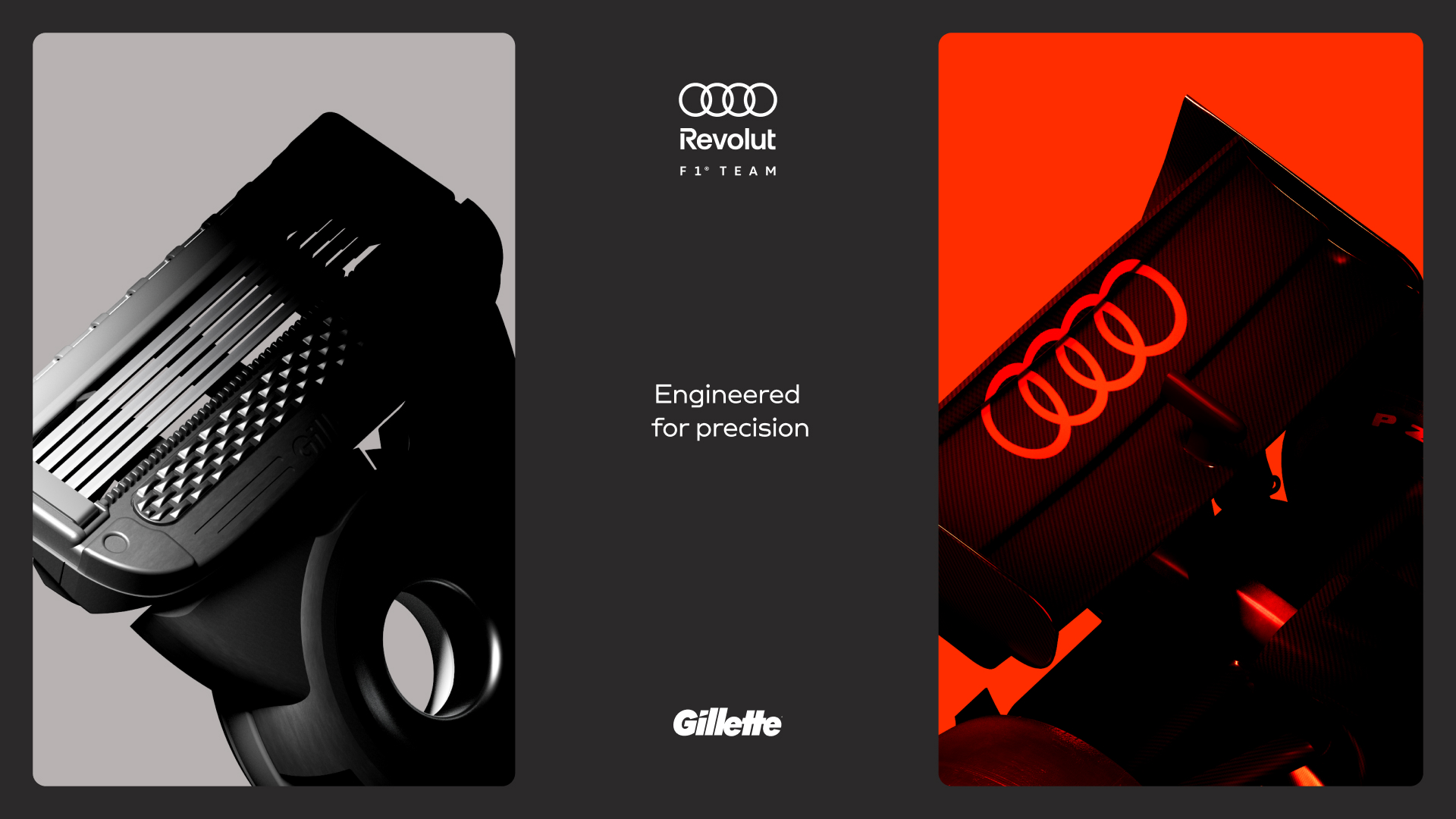 Ad showing the similarities in silhouettes of a Gillette razor and F1 race car