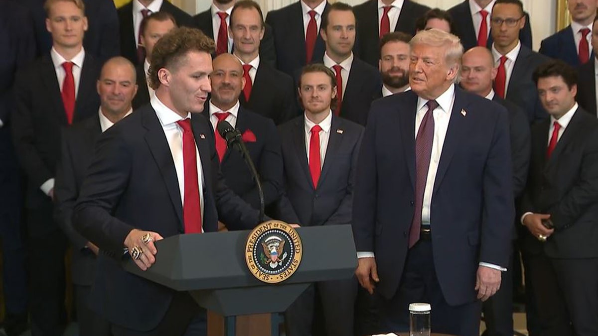 Florida Panthers winger Matthew Tkachuk speaks as President Donald Trump looks on, Thursday, Jan. 15, 2026, during the defending NHL Stanley Cup champions visit to the White House.