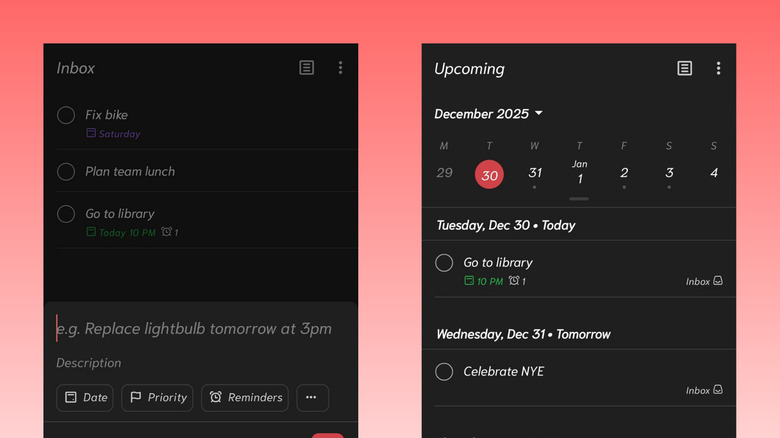 Todoist on Android creating tasks and viewing Upcoming tab
