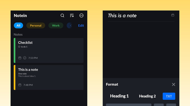 Notein on Android showing list of notes and note editor