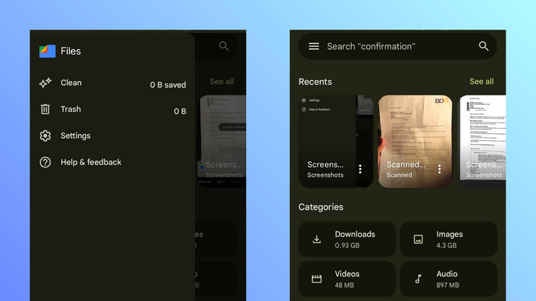 Files by Google opened in Android showing options and home screen