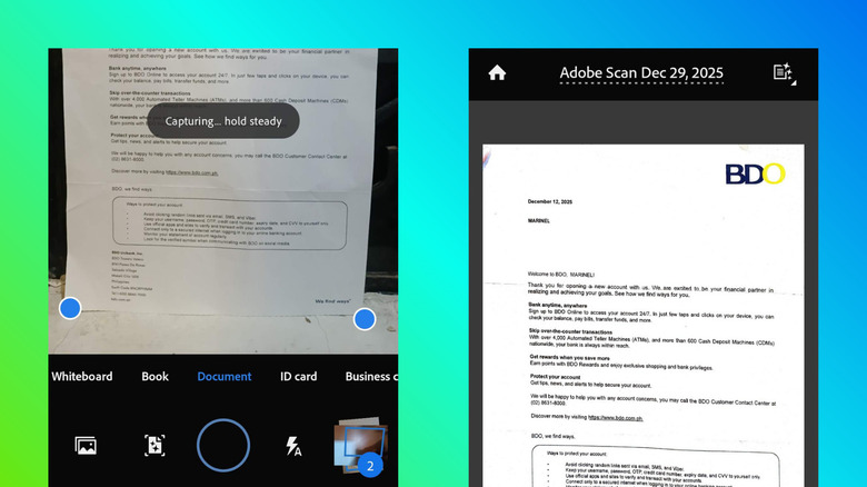 Adobe Scan on Android scanning a paper document and editing