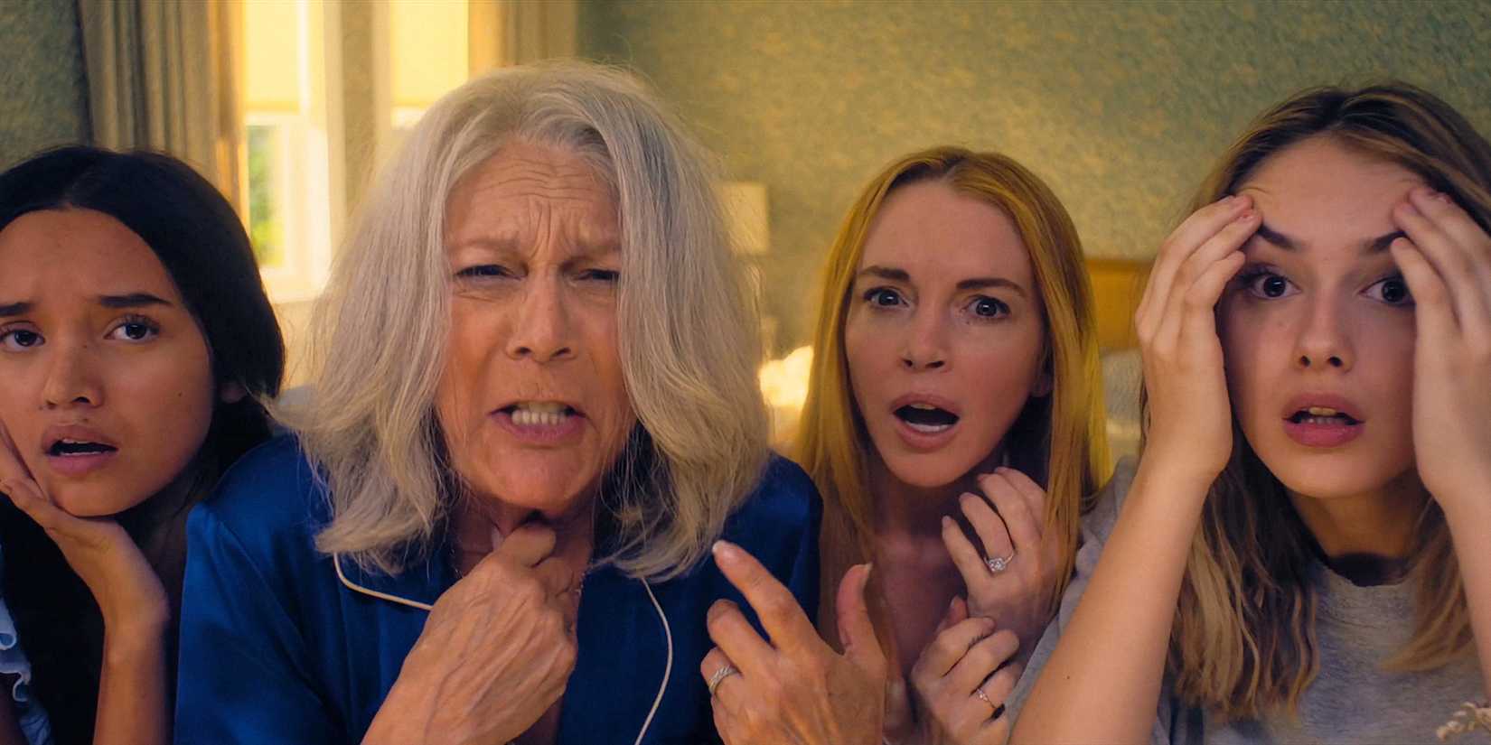Lily Davies (Sophia Hammons), Tess (Jamie Lee Curtis), Anna (Lindsay Lohan) and Harper Coleman (Julia Butters) looking distressed in Freakier Friday (2025)