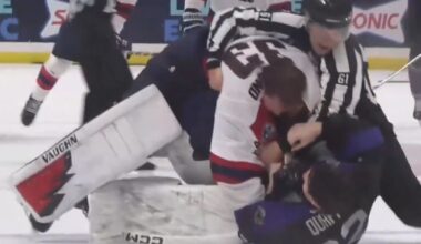 Capitals prospect Garin Bjorklund gets into goalie fight at center ice for ECHL’s South Carolina Stingrays