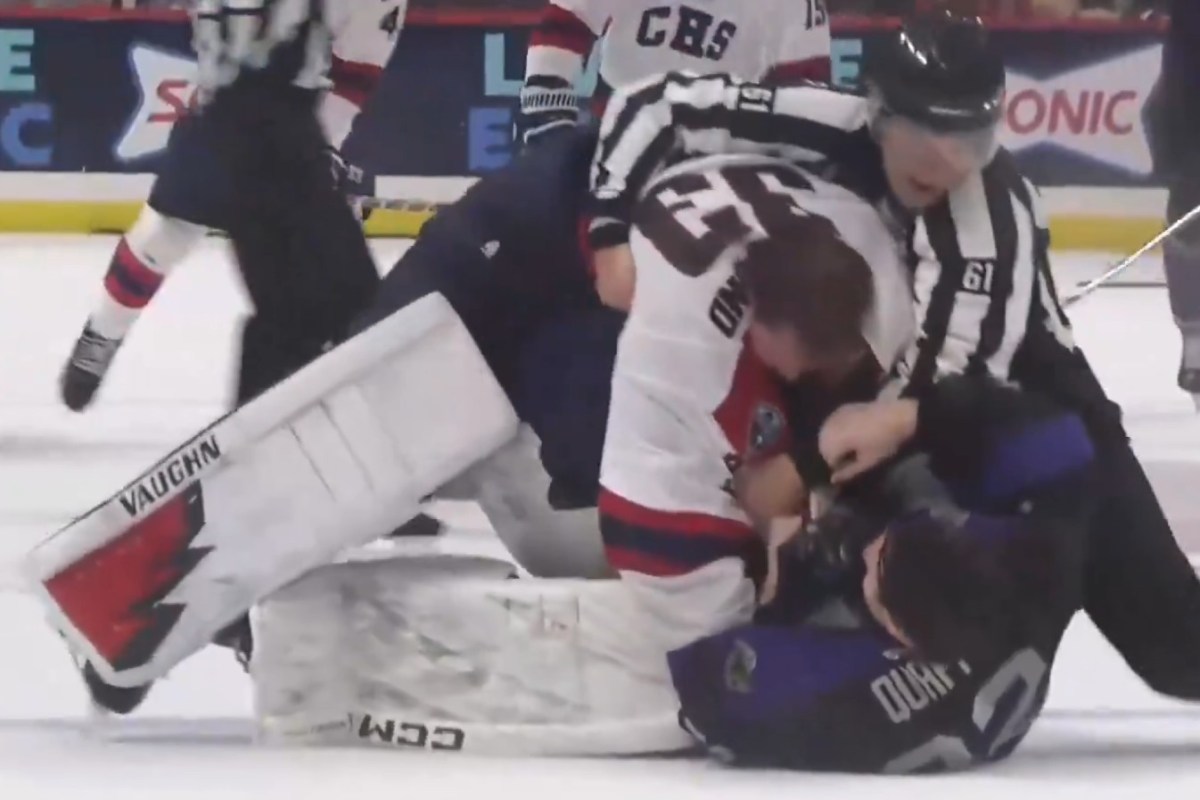 Capitals prospect Garin Bjorklund gets into goalie fight at center ice for ECHL’s South Carolina Stingrays
