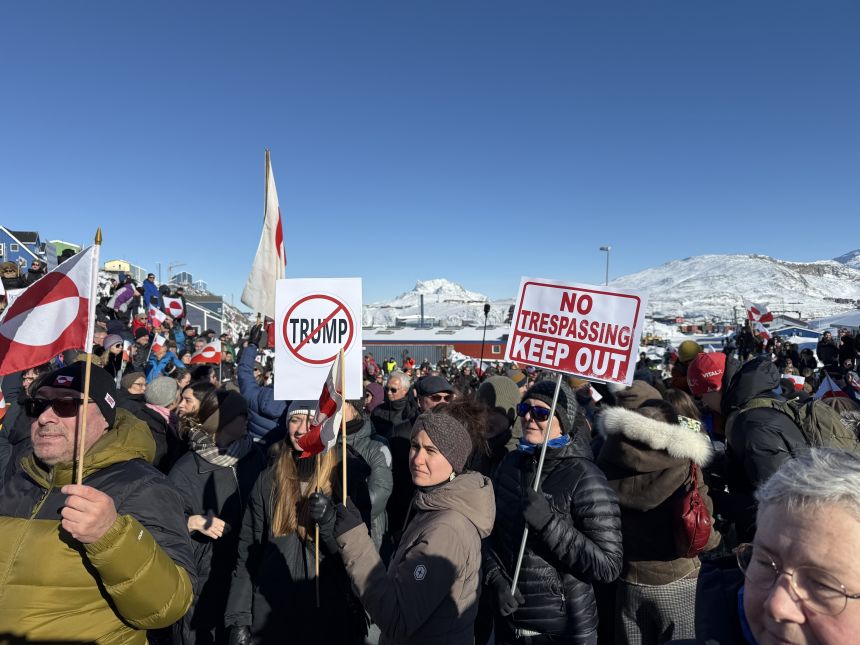 Around 1,000 Greenlanders gather in the city center to protest US President Donald Trump in Nuuk, Greenland, on March 15, 2025.