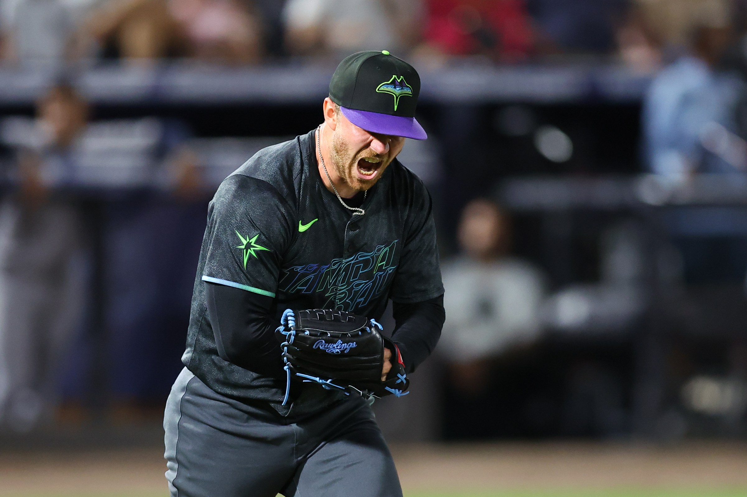 TAMPA, FL - APRIL 18: Hunter Bigge #43 of the Tampa Bay Rays celebrates during the game between the New York Yankees and the Tampa Bay Rays at George M. Steinbrenner Field on Friday, April 18, 2025 in Tampa, Florida. (Photo by Mike Carlson/MLB Photos via Getty Images)