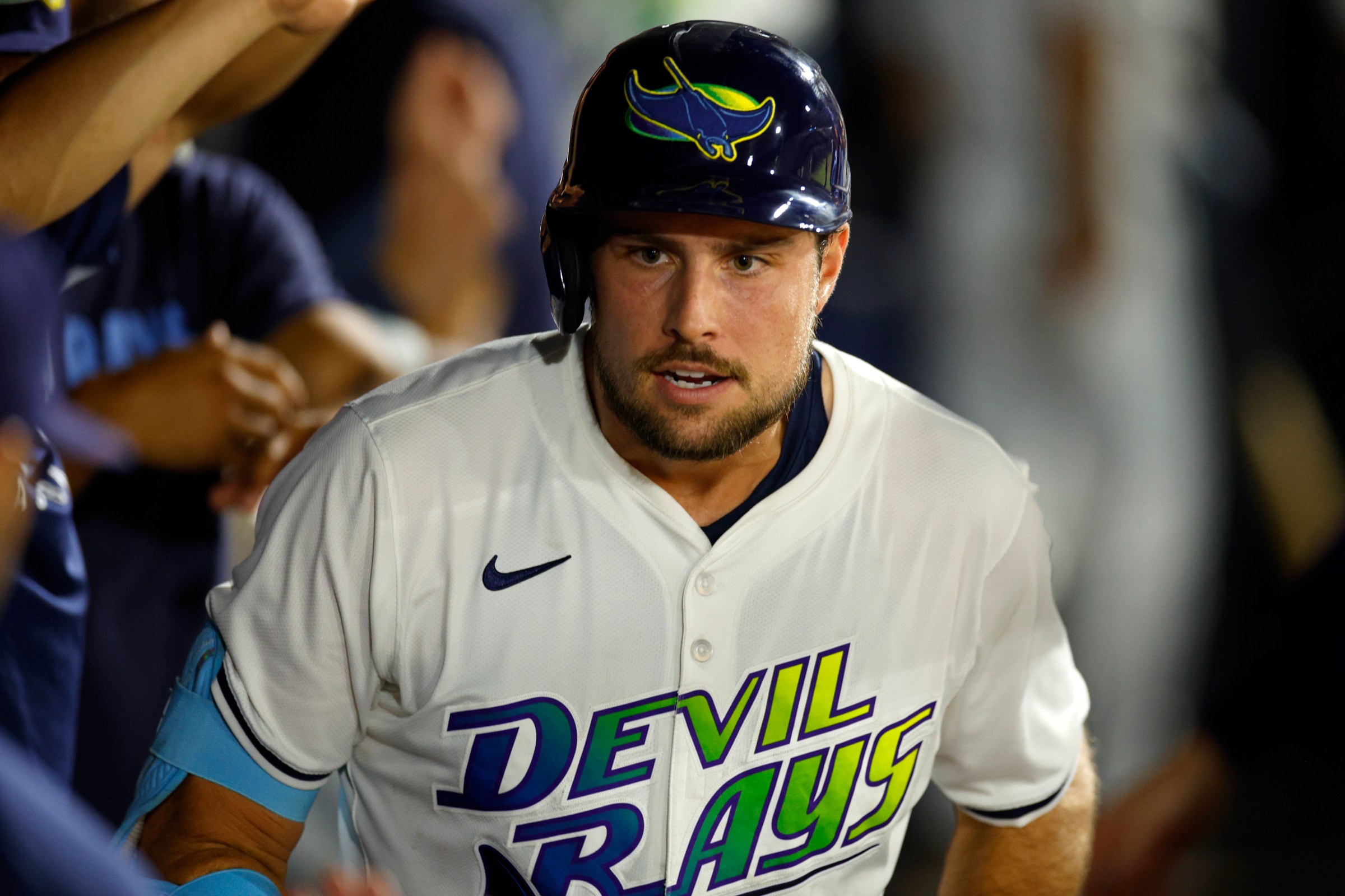 TAMPA, FLORIDA - SEPTEMBER 06: Josh Lowe #15 of the Tampa Bay Rays is congratulated after hitting a home run in the fifth inning during a game against the Seattle Mariners at George M. Steinbrenner Field on September 06, 2025 in Tampa, Florida. (Photo by Mike Ehrmann/Getty Images)