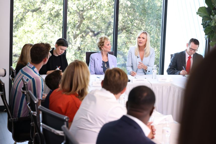 MacKenzie Price speaks during a roundtable discussion at Alpha School Austin on September 9.