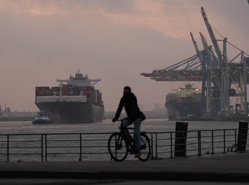 A container ship is towed in the Port of Hamburg in Hamburg, Germany in November 2025.