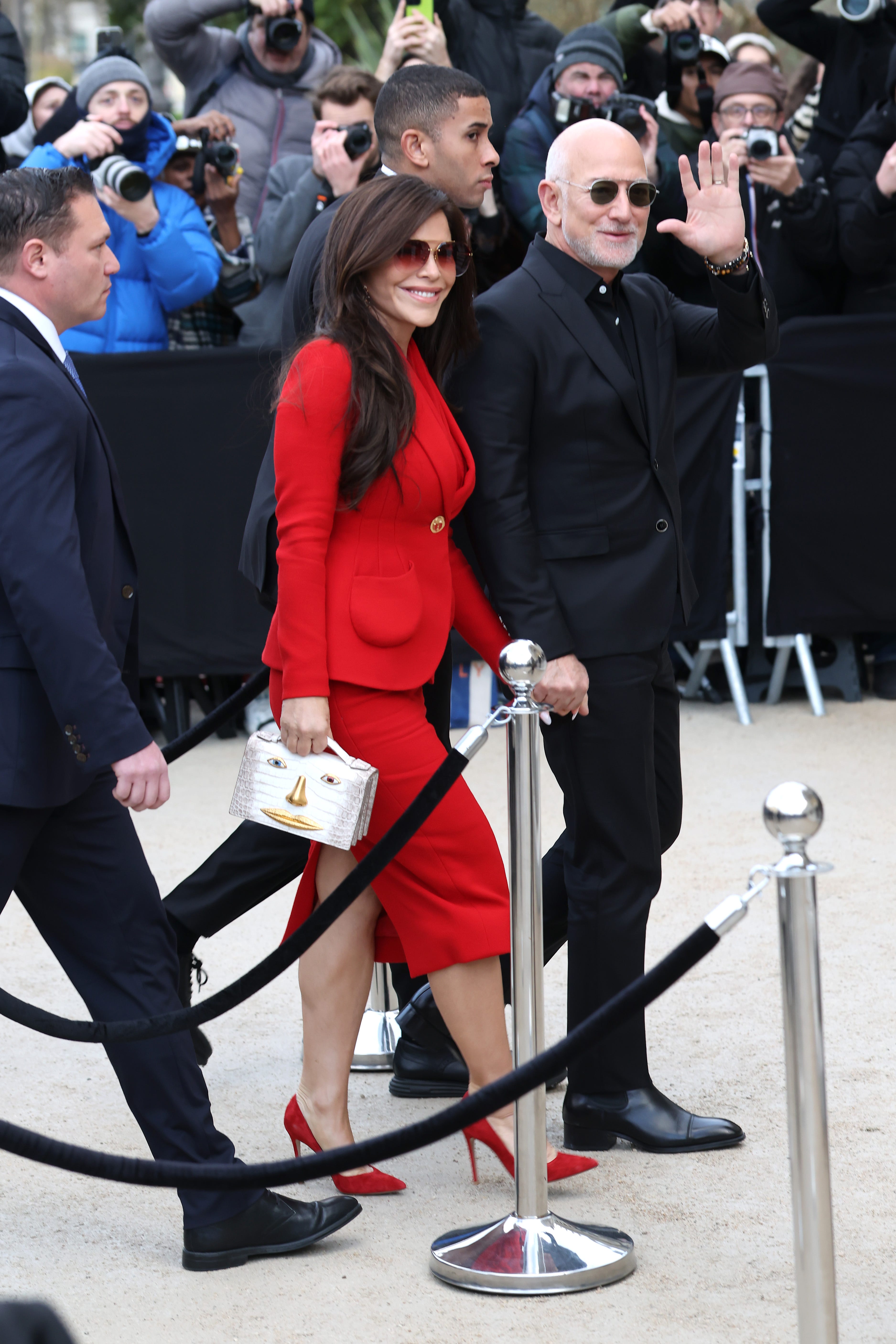 paris, france january 26: lauren sánchez and jeff bezos attend the schiaparelli haute couture week spring/summer 2026 show as part of paris fashion week on january 26, 2026 in paris, france. (photo by pierre suu/getty images)