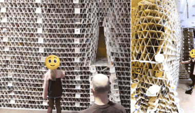 Split image of a GIF of a girl pulling down a beer coaster tower