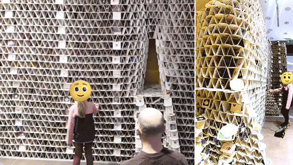 Split image of a GIF of a girl pulling down a beer coaster tower
