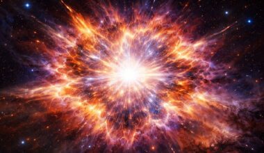 Illustration of a powerful gamma-ray burst explosion, with a bright central flash and expanding energy waves in deep space.