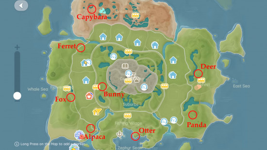 Heartopia animals - map of all locations for the eight wild animal types. Ring to mark where they are in red, plus red text to label. If you cannot see this picture, there are descriptions underneath.