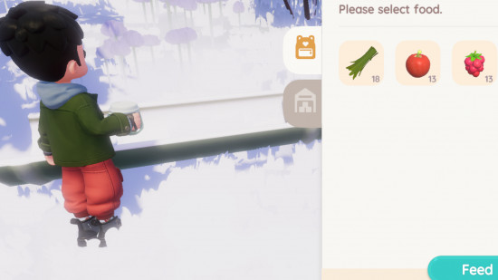 Heartopia animals feeding screen, showing the panda trough with the option to feed apples, raspberries and weeds. Character dressed in winter clothing stands in snow on the other side of the screen