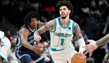 Charlotte Hornets guard LaMelo Ball (1) handles the ball ahead of Memphis Grizzlies forward GG Jackson II in the first half of an NBA basketball game, Wednesday, Jan. 28, 2026, in Memphis, Tenn. (AP Photo/Brandon Dill)