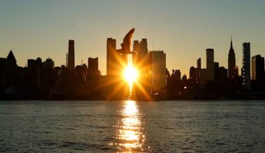 The sun rises behind midtown Manhattan’s skyline with a bird silhouetted in front and its reflection on the Hudson River.
