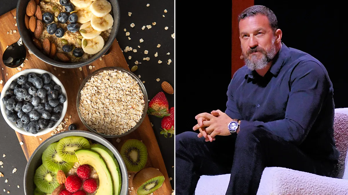 split image of oats and fruit next to andrew huberman sitting on stage