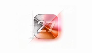 A square app icon is shown half as a pencil sketch and half as a glossy, orange-pink design with a bright gradient. The number "27" is centered, representing the sleek new look of iOS 27.
