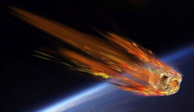 an illustration of a cube-shaped satellite burning and breaking apart into fragments as it falls onto Earth