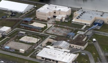 MIAMI, FLORIDA - JULY 4: In an aerial view from a helicopter, detainees are seen at Krome Detention Center run by United States Immigration and Customs Enforcement on July 4, 2025 in Miami, Florida. (Photo by Alon Skuy/Getty Images)