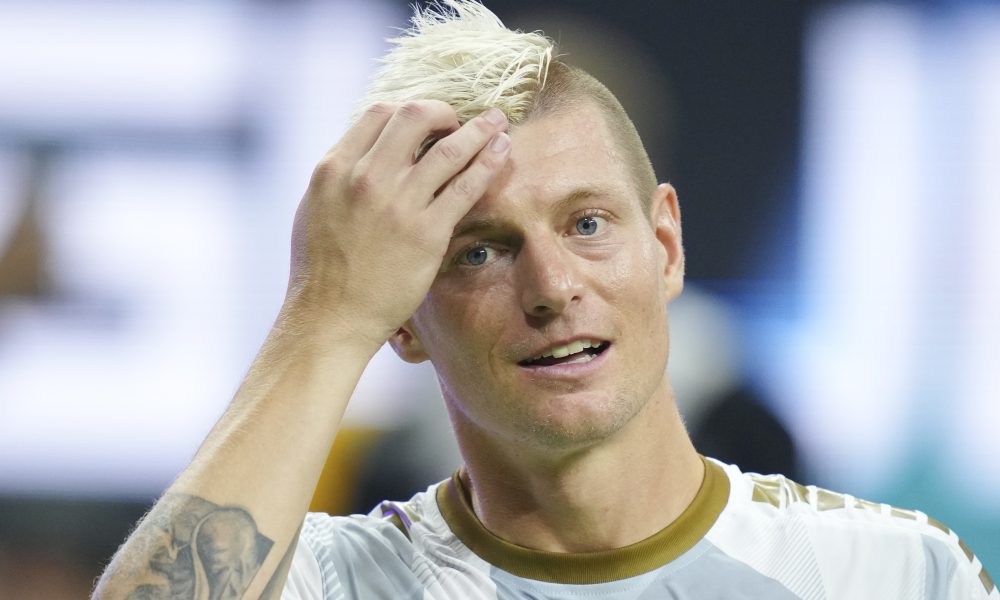 COLOGNE, GERMANY - SEPTEMBER 01: Toni Kroos, German former football player, looks on during the first matchday of the Icon League at Lanxess Arena on September 01, 2024 in Cologne, Germany. The Icon League, was founded in November last year. The aim of the small-sided indoor soccer league is to maximise the highlights of the game and create an innovative football spectacle. (Photo by Pau Barrena/Getty Images)