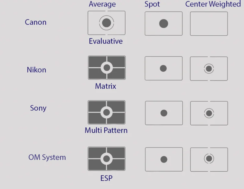 Diagram comparing camera metering modes (Average/Evaluative, Spot, Center Weighted) for Canon, Nikon (Matrix), Sony (Multi Pattern), and OM System (ESP) with corresponding visual icons for each mode.