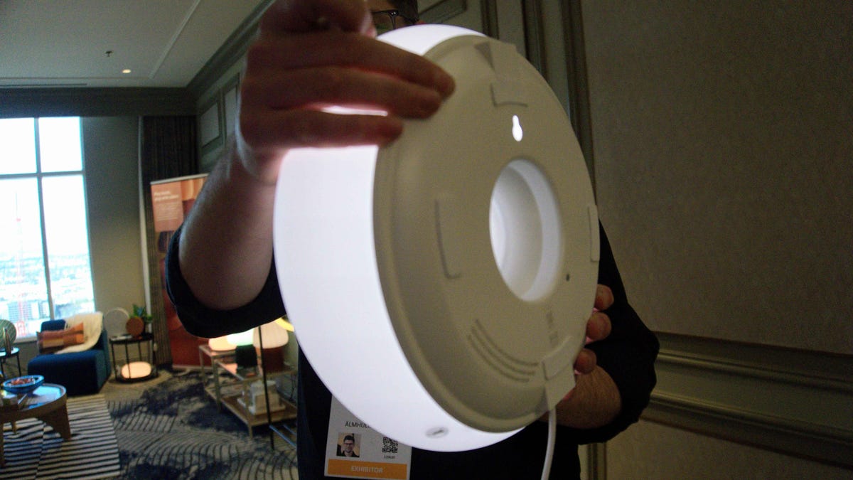Ikea's new smart lamp held by person in room.