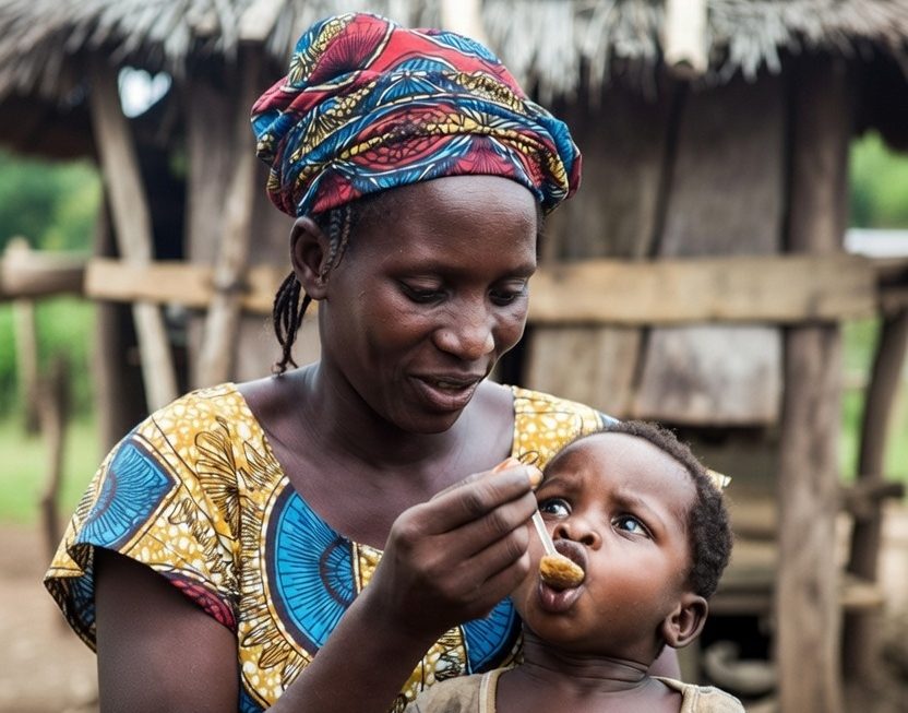 AI-generated image of a woman feeding herbal medicine to a child.