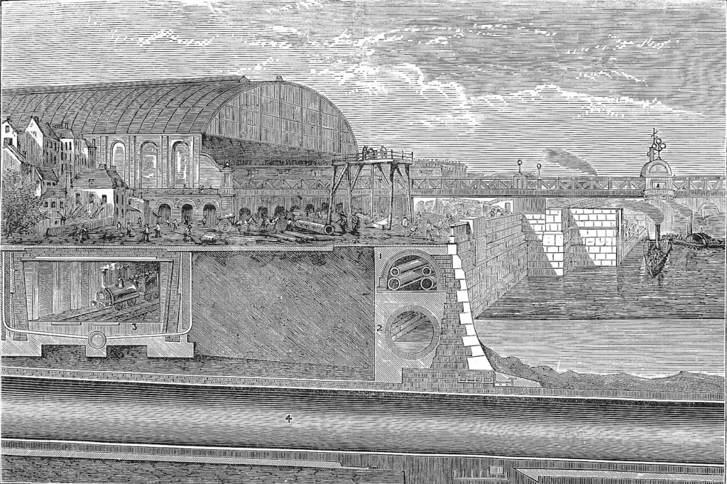 The Victoria Embankment is among the masterpieces of nineteenth-century infrastructure. A stretch of land thirty meters deep was reclaimed from the Thames. Inside the embankment ran gas and water pipes (1), a huge sewerage collecting pipe (2), and one of the world’s first underground railways (3). Above ran a vital arterial road, improving urban circulation without the destruction involved in street cuttings.