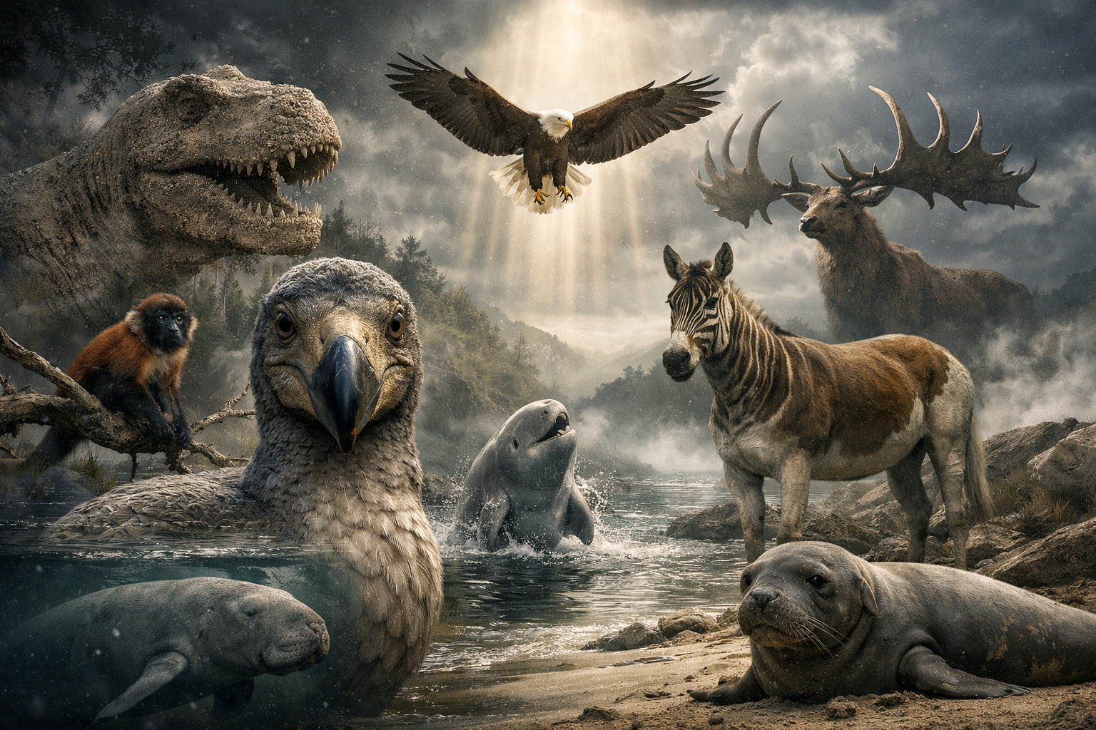 The illustration shows the animal that returned from extinction alongside eight other extinct species, such as the dodo, quagga, Baiji dolphin, and Steller's sea cow, in a symbolic natural setting.