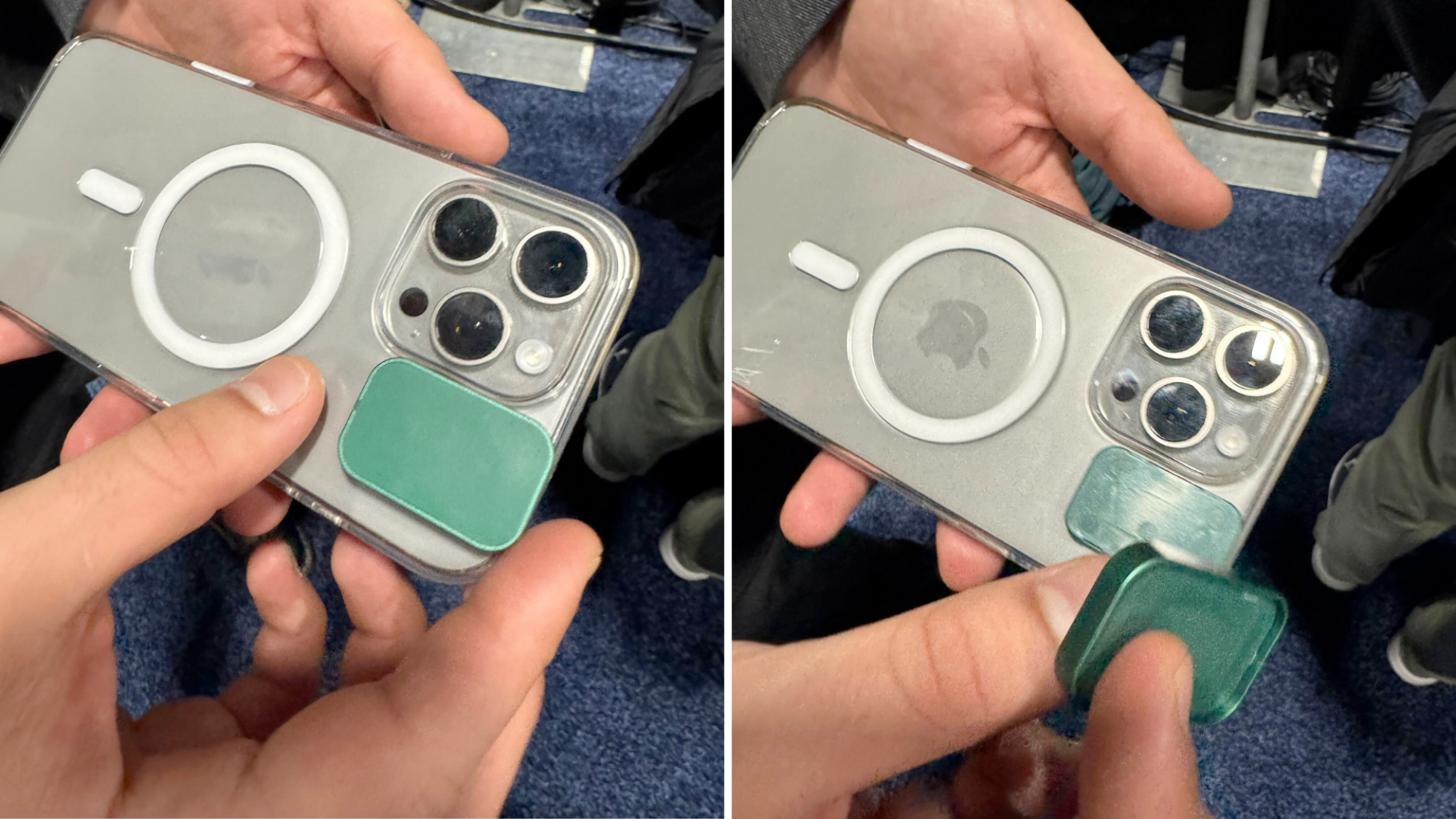 Two close-ups of someone putting Solver on the back of their iPhone.