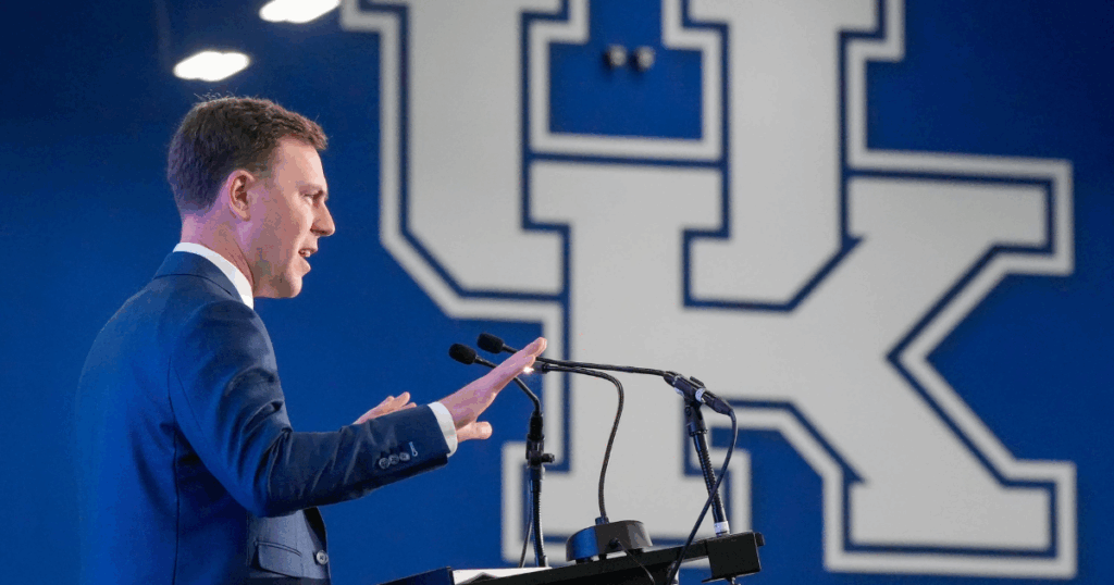 New Kentucky Wildcat head coach Will Stein makes remarks as he is introduced at Kentucky on Wednesday, December 3, 2025 - © Michael Clevenger/Courier Journal / USA TODAY NETWORK via Imagn Images
