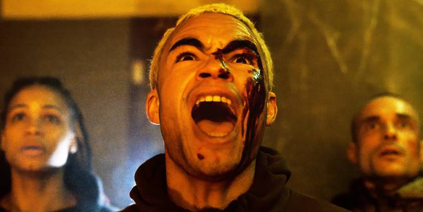 Théo Christine as Kaleb screaming while looking up at a spiders in Infested. 