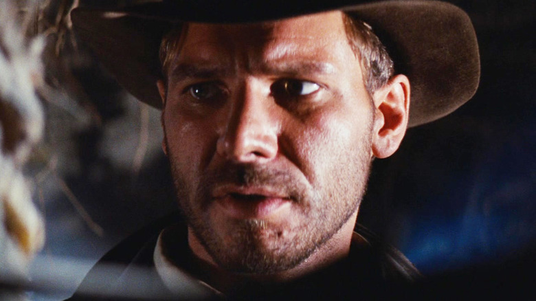 Harrison Ford's Indiana Jones is seen in closeup in Raiders of the Lost Ark