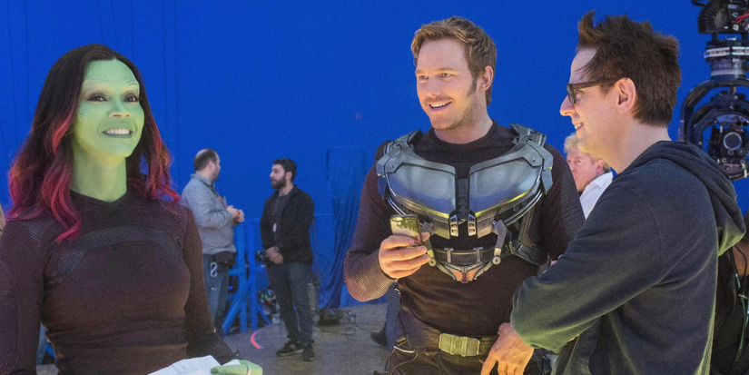James Gunn, Chris Pratt, and Zoe Saldana on set of Guardians Of the Galaxy 2